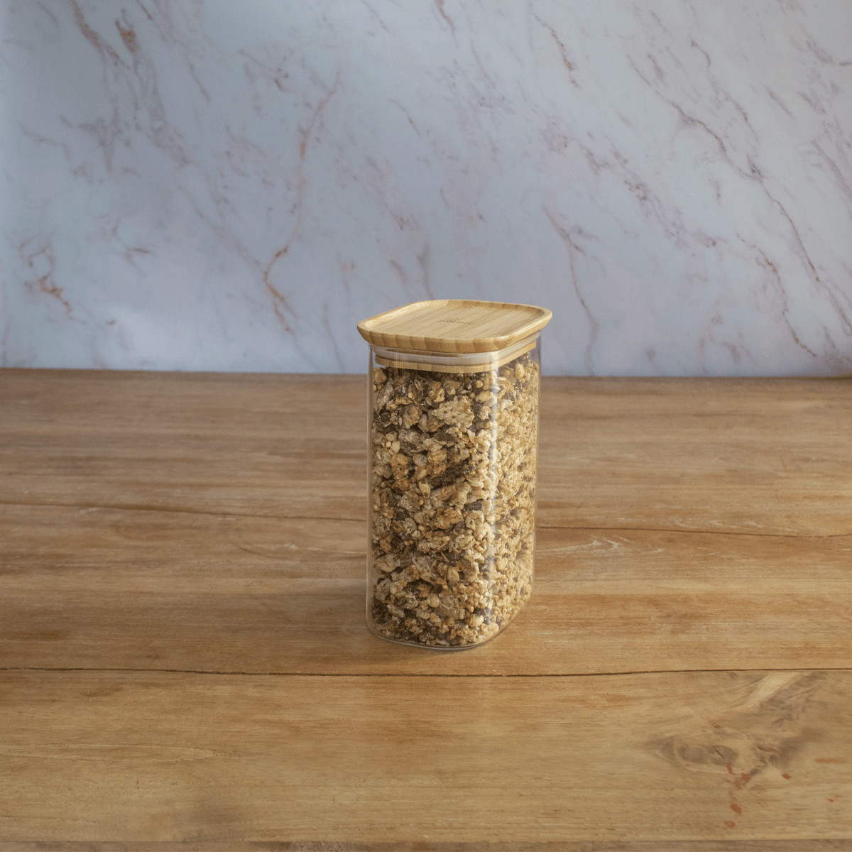 Pebbly Rectangular Glass and Bamboo Storage Canister