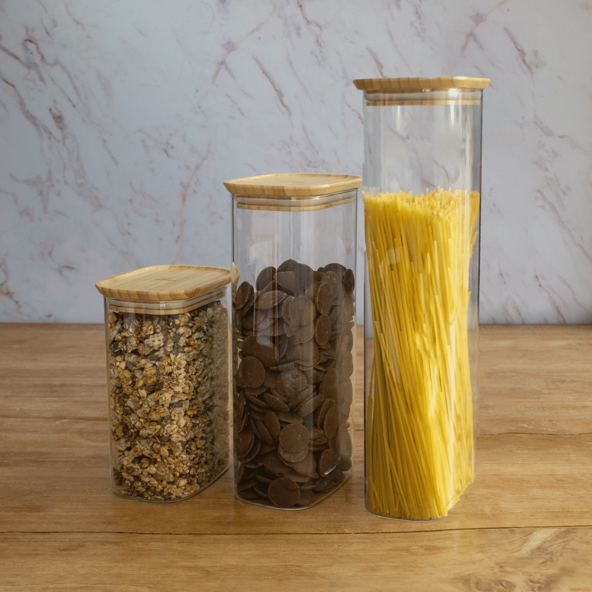 Pebbly Rectangular Glass and Bamboo Storage Canister